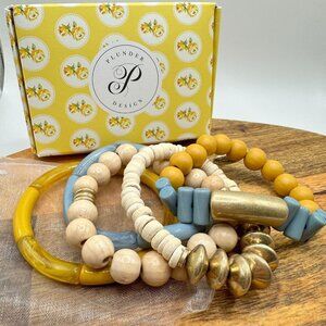 Plunder Design Amaya Bracelet Stretch Blue Yellow Gold Wood Acrylic Set of 5